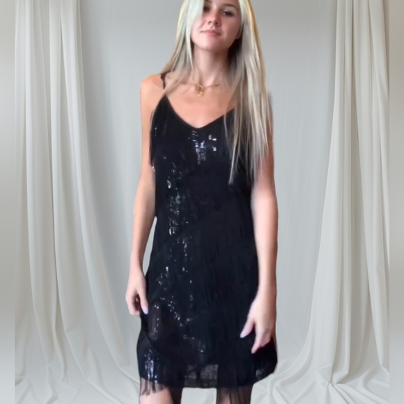 MAIN STRIP Sequin Fringe  Midi Dress, Black L - Picture 3 of 13